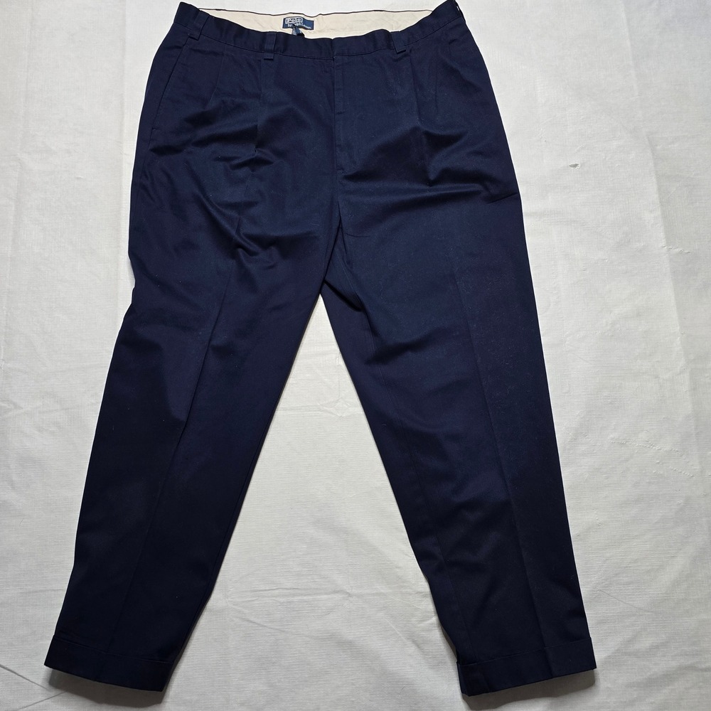 Polo Ralph Lauren Mens Navy Blue Pleated Cotton Chino Trousers 38x29 Cuffed